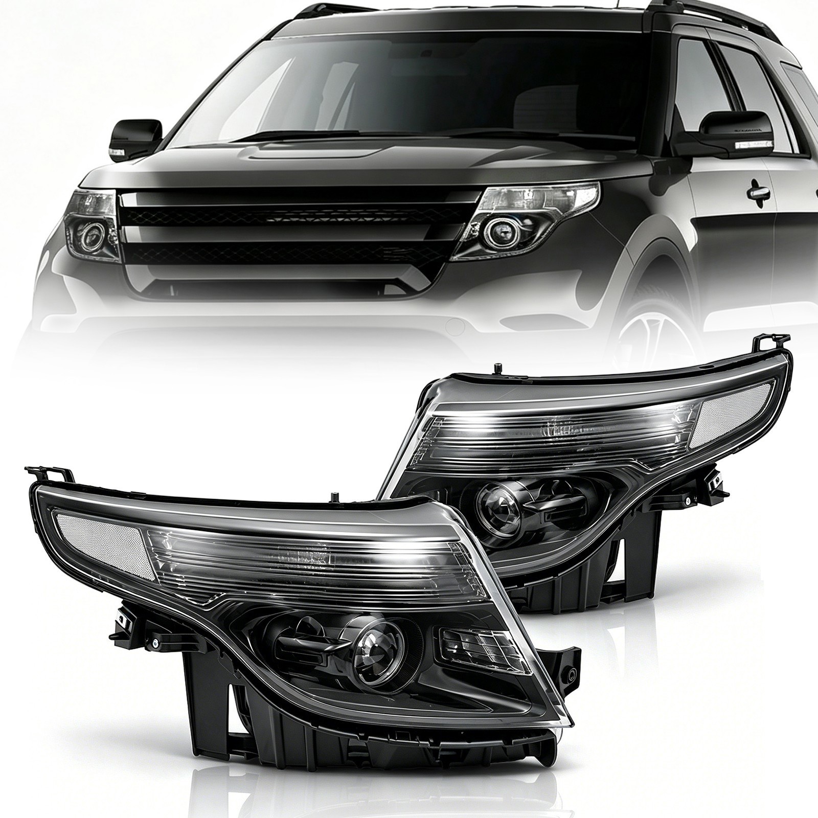 For 2011-2015 Ford Explorer Halogen Black Housing Projector Headlights Pair Set