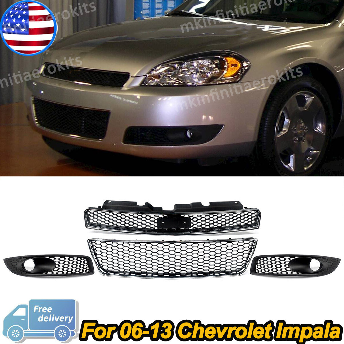 For 2006-2013 Chevrolet Impala Front Upper And Lower Grille and Fog Light Grille