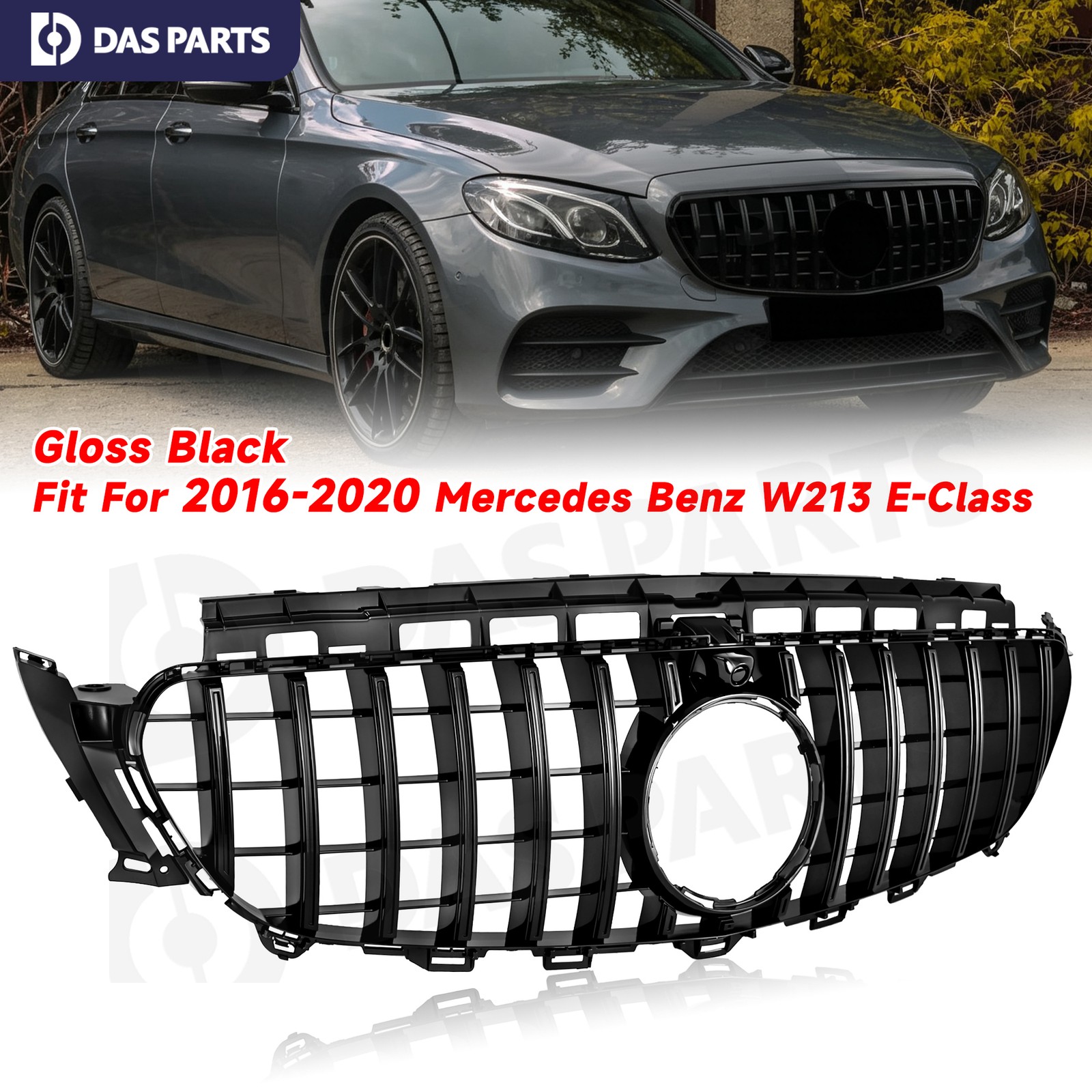 Gloss Black GT R Grille W/ CAMERA HOLE For Mercedes Benz W213 E-CLASS 2016-2020
