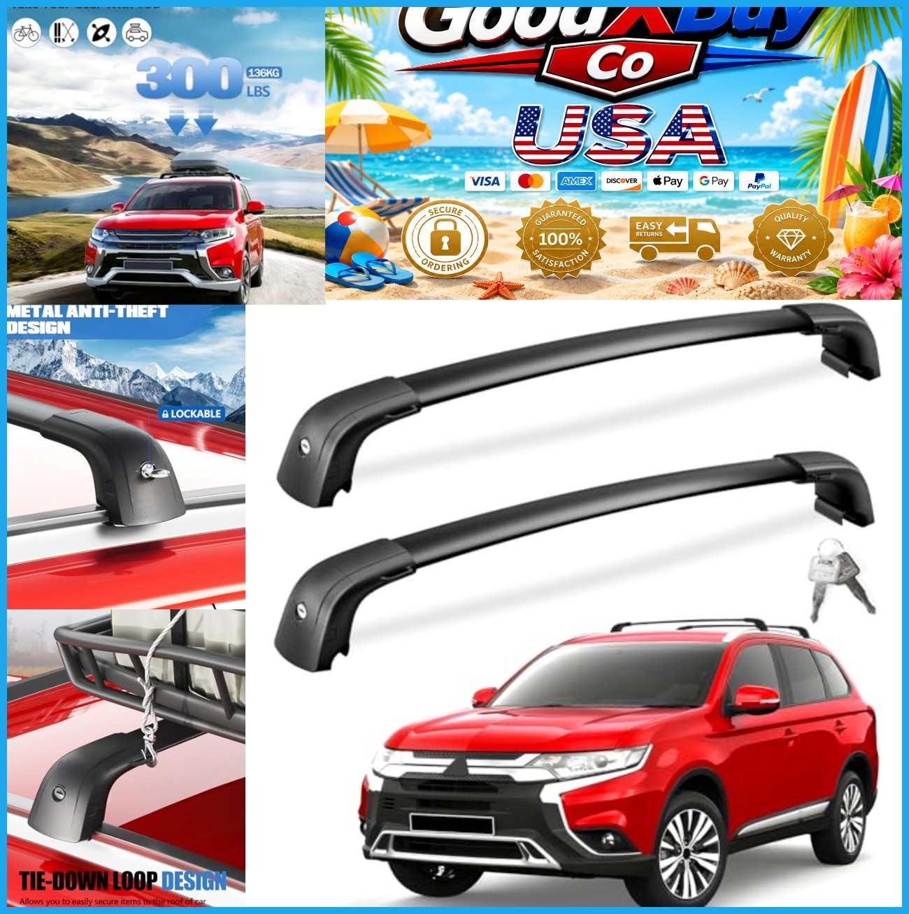Roof Rack Cross Bars 300lb Load Capacity for Mitsubishi Outlander 2014-2021