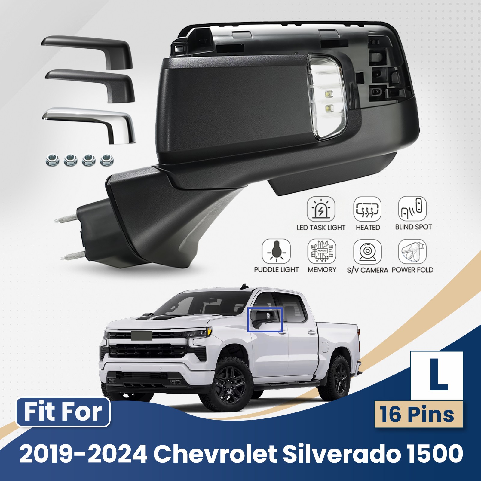 Side Mirror For 2019-2024 Chevy Silverado 1500 &Sierra W/Camera &BSD 16 Pin Left