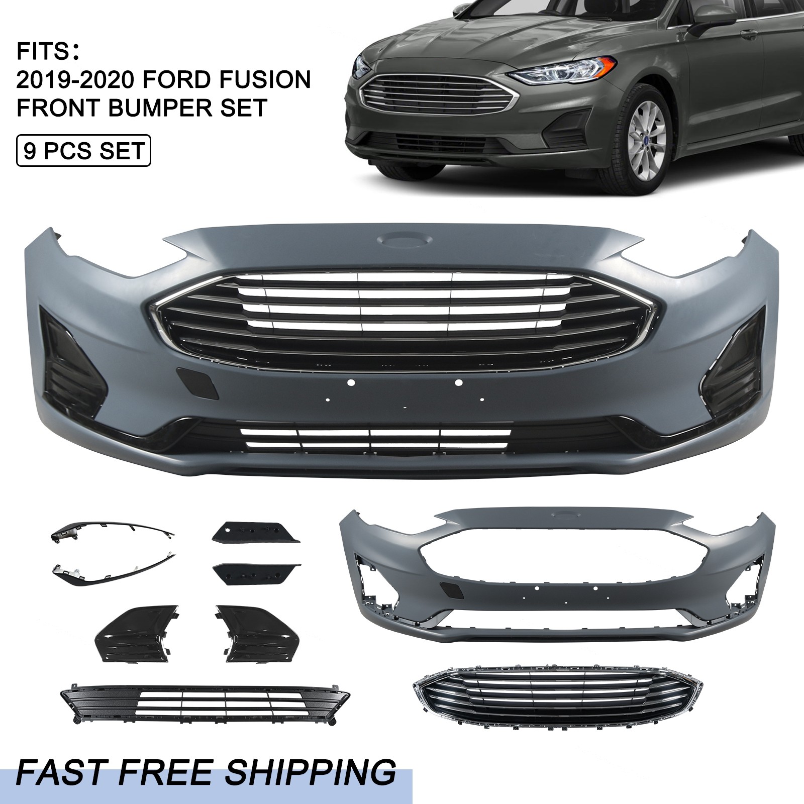 Front Bumper Cover Grille Set 9Pcs Fits 2019 2020 Ford Fusion Complete Assembly Front Bumper Cover Grille Set 9Pcs Fits 2019 2020 Ford Fusion Complete Assembly