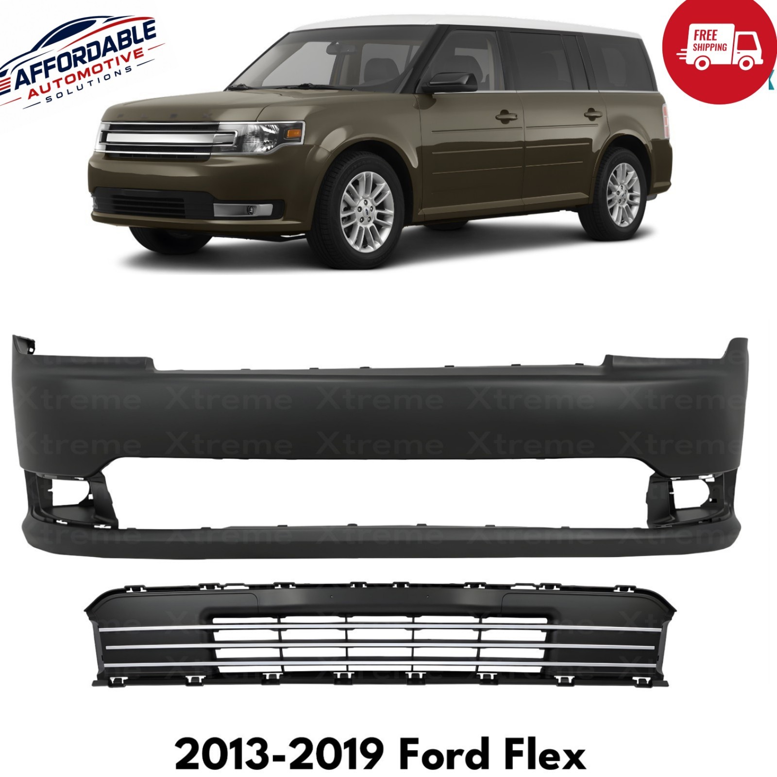 Front Bumper Cover Primed Plastic & Bumper Grille Kit For 2013-2019 Ford Flex