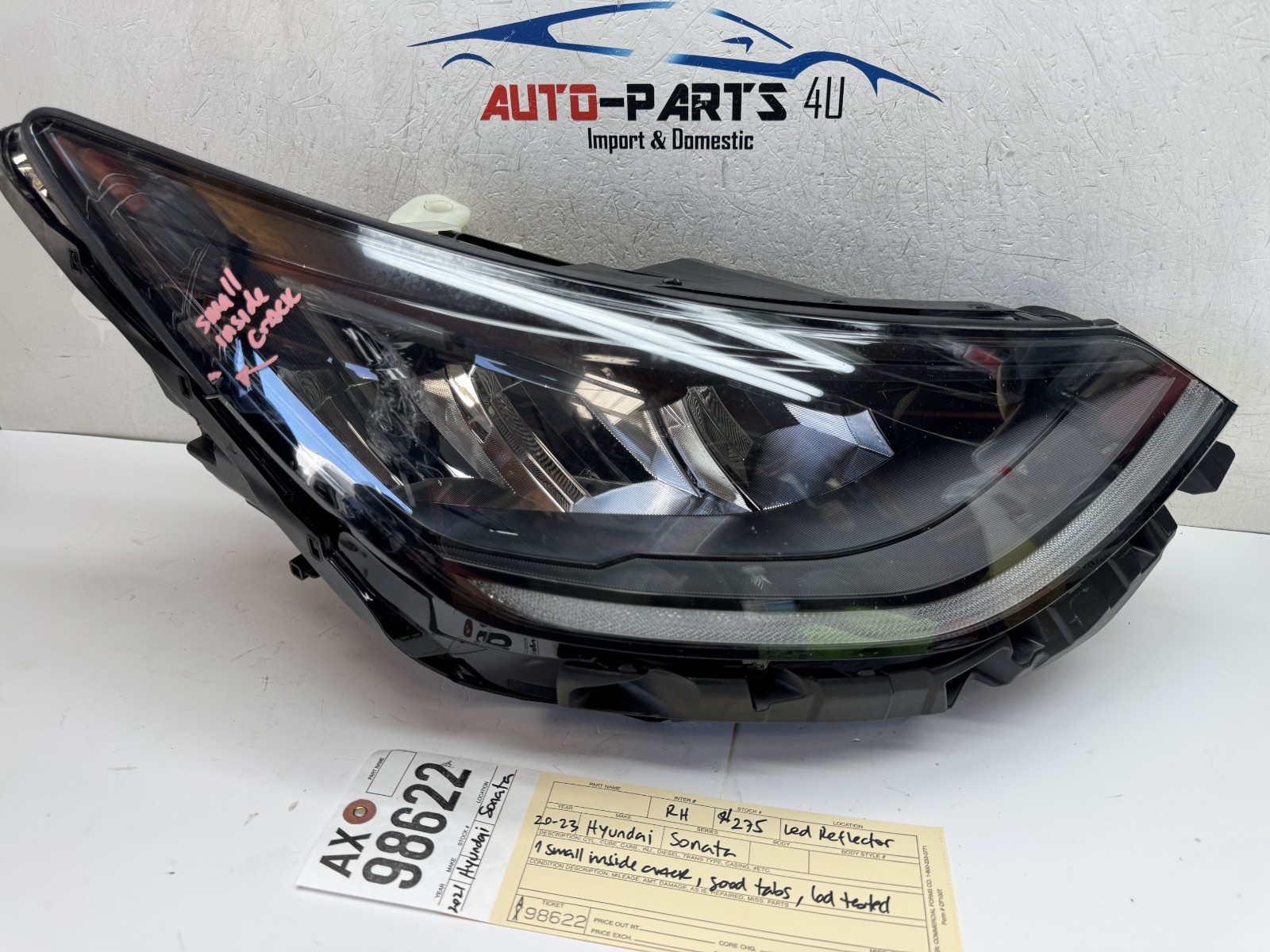 w/crack 2020 21 22 2023 HYUNDAI SONATA RIGHT REFLECTOR LED HEADLIGHT OEM AX98622 w/crack 2020 21 22 2023 HYUNDAI SONATA RIGHT REFLECTOR LED HEADLIGHT OEM AX98622