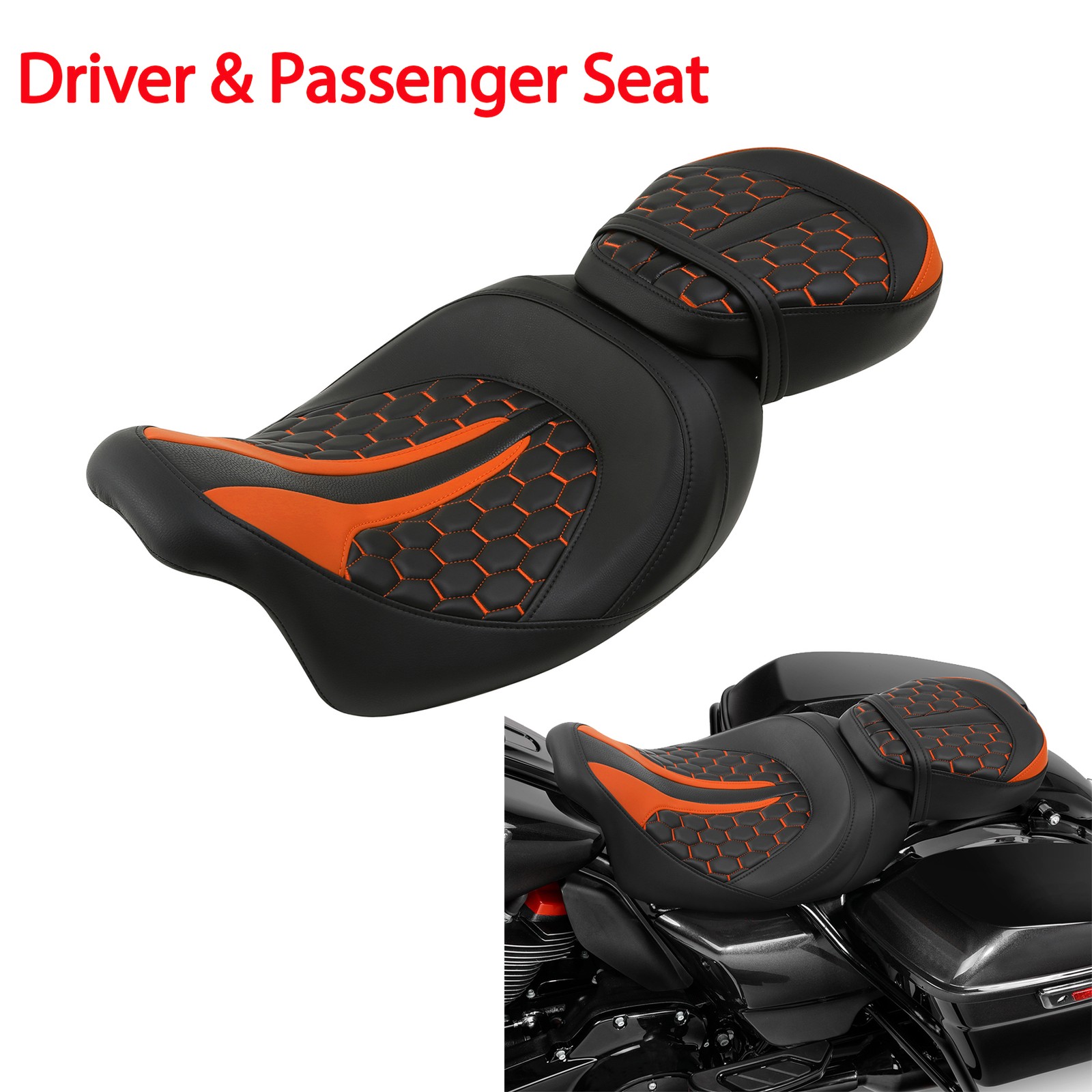 Low Profile Driver Passenger 2-Up Seat Fit For Harley Touring 09-23 Black Orange