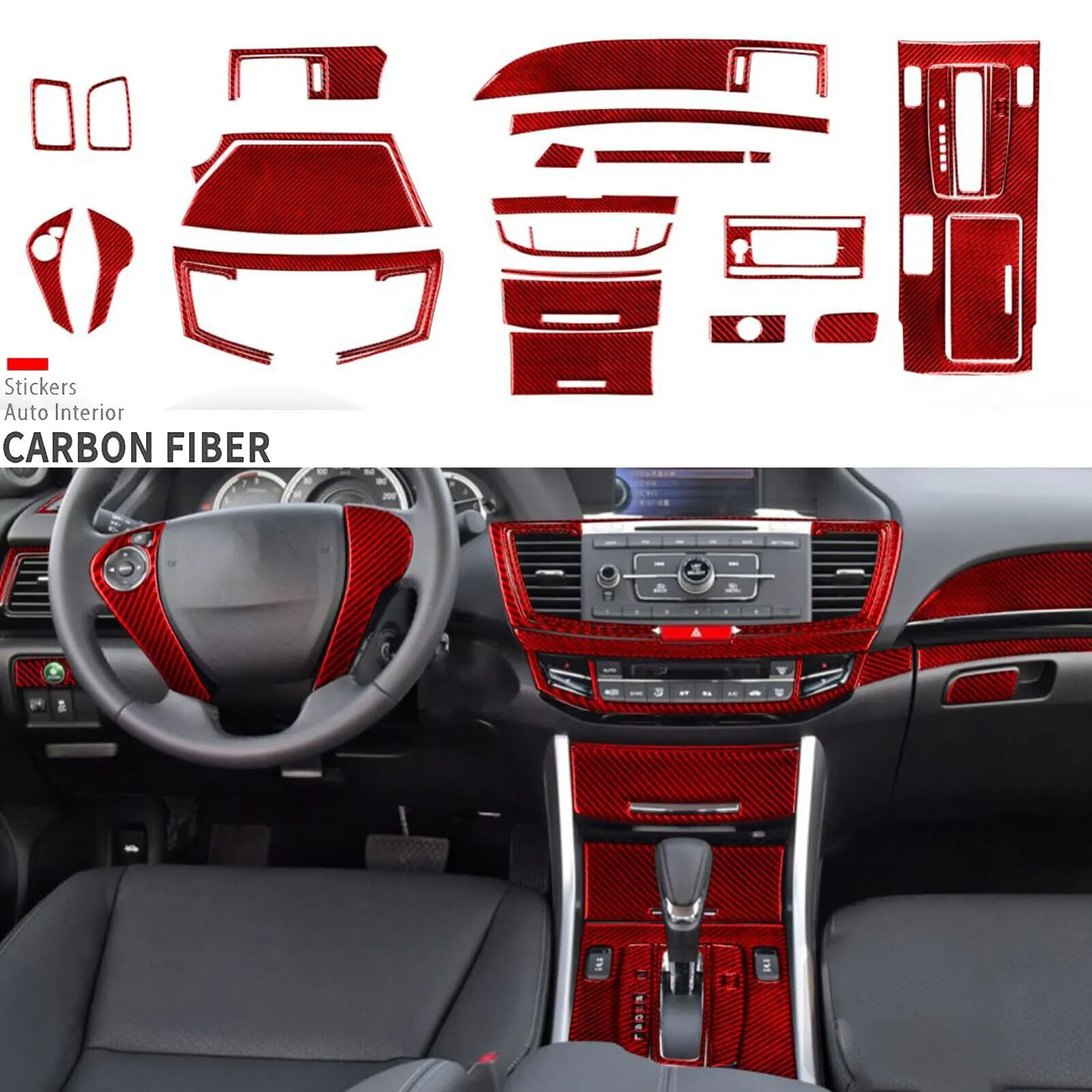 35Pcs Red Carbon Fiber Full Interior Kits Dash Trim For Honda Accord 9th 2014-17