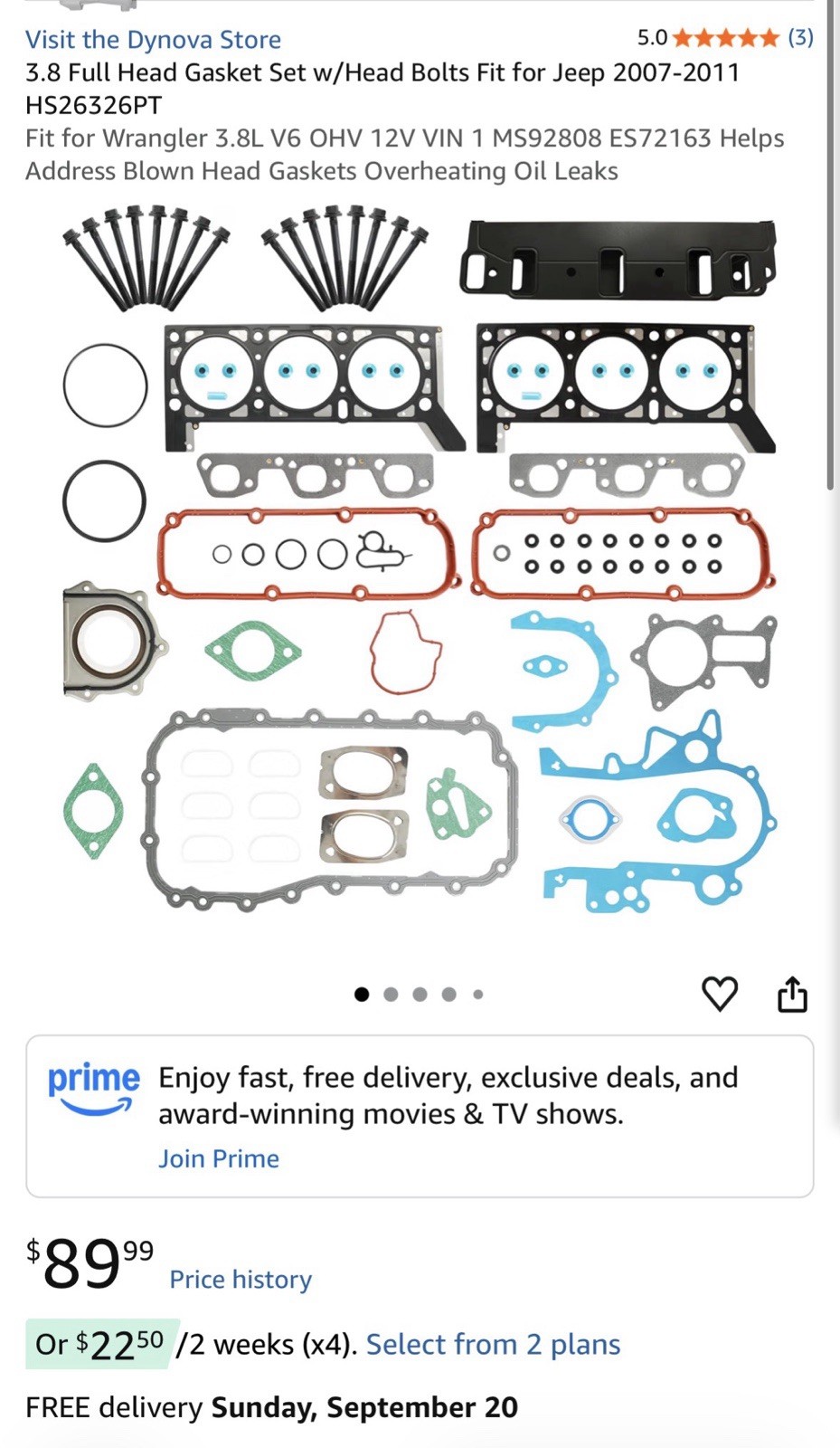 3.8 Full Head Gasket Set w/Head Bolts Fit for Jeep 2007-2011 HS26326PT