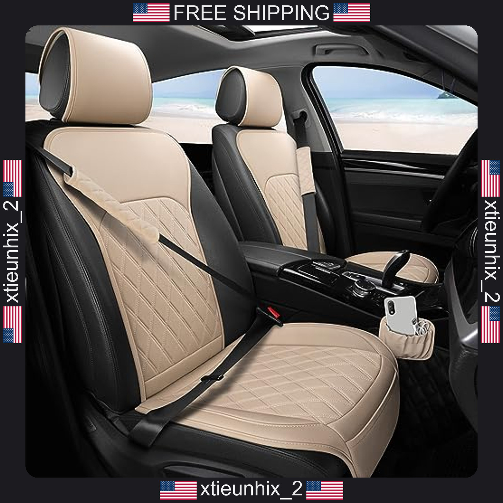 Leather Car Seat Covers with Storage Pocket and Belt Pads for Cars, Trucks,