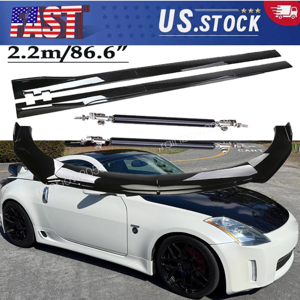 For Nissan Nismo 350Z 370Z Gloss Black Front Bumper Splitter Lip + Side Skirts