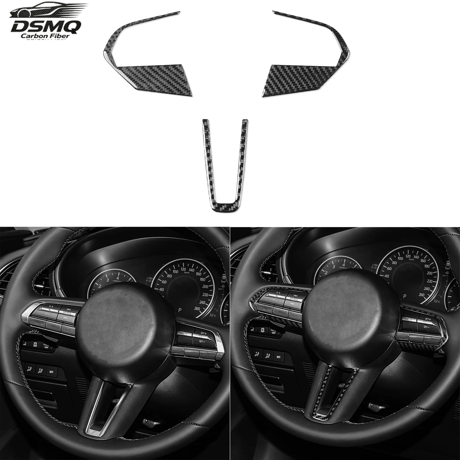 3Pcs Real Carbon Fiber Dashboard Steering Wheel Cover For Mazda 3 Axela 2019-26