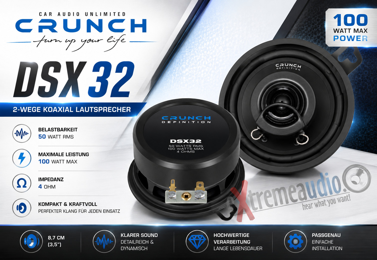 CRUNCH DSX 32 2-WAY COAX 8.7 Cm DSX32 1 Pair Speakers 87Mm CRUNCH DSX 32 2-WAY COAX 8.7 Cm DSX32 1 Pair Speakers 87Mm