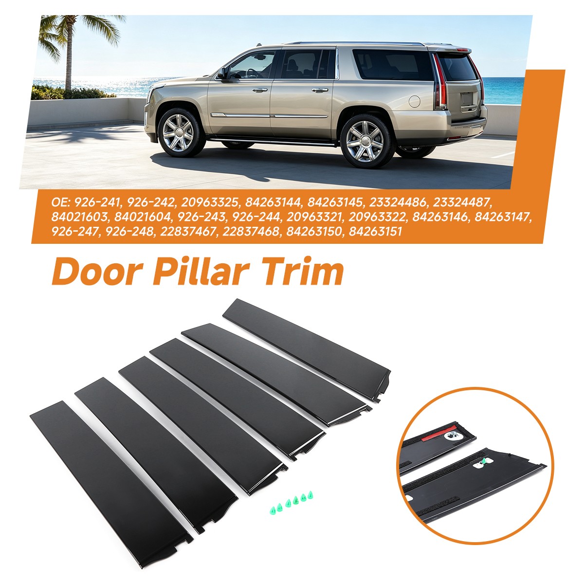 6PCS Door Pillar Molding Applique Set For 2015-2018 Chevrolet Suburban GMC Yukon
