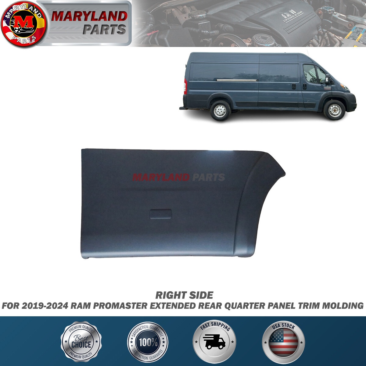 For 2019-2024 RAM Promaster Extended Right Rear Quarter Panel Trim Molding Flare For 2019-2024 RAM Promaster Extended Right Rear Quarter Panel Trim Molding Flare