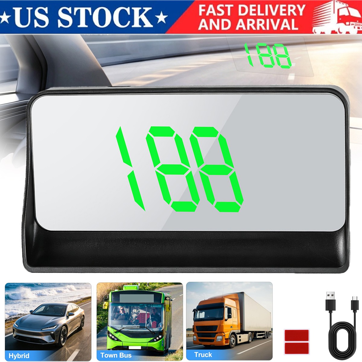 GPS Digital Speedometer HUD Head Up Display MPH KMH Overspeed Alarm Meter Car US
