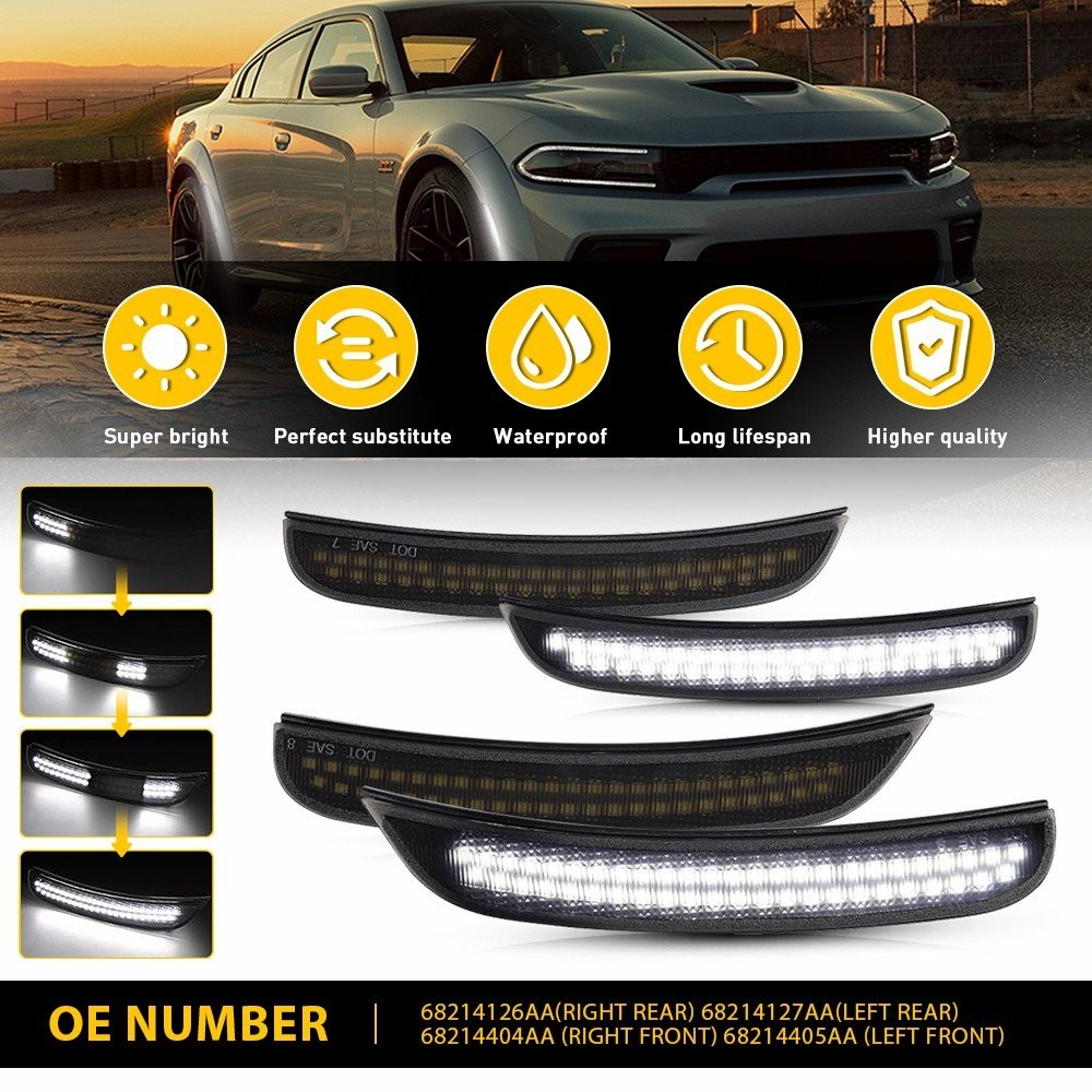 4PCS Side LED 2015-2022 Marker Light for Dodge Smoked Charger Dynamic White Scan