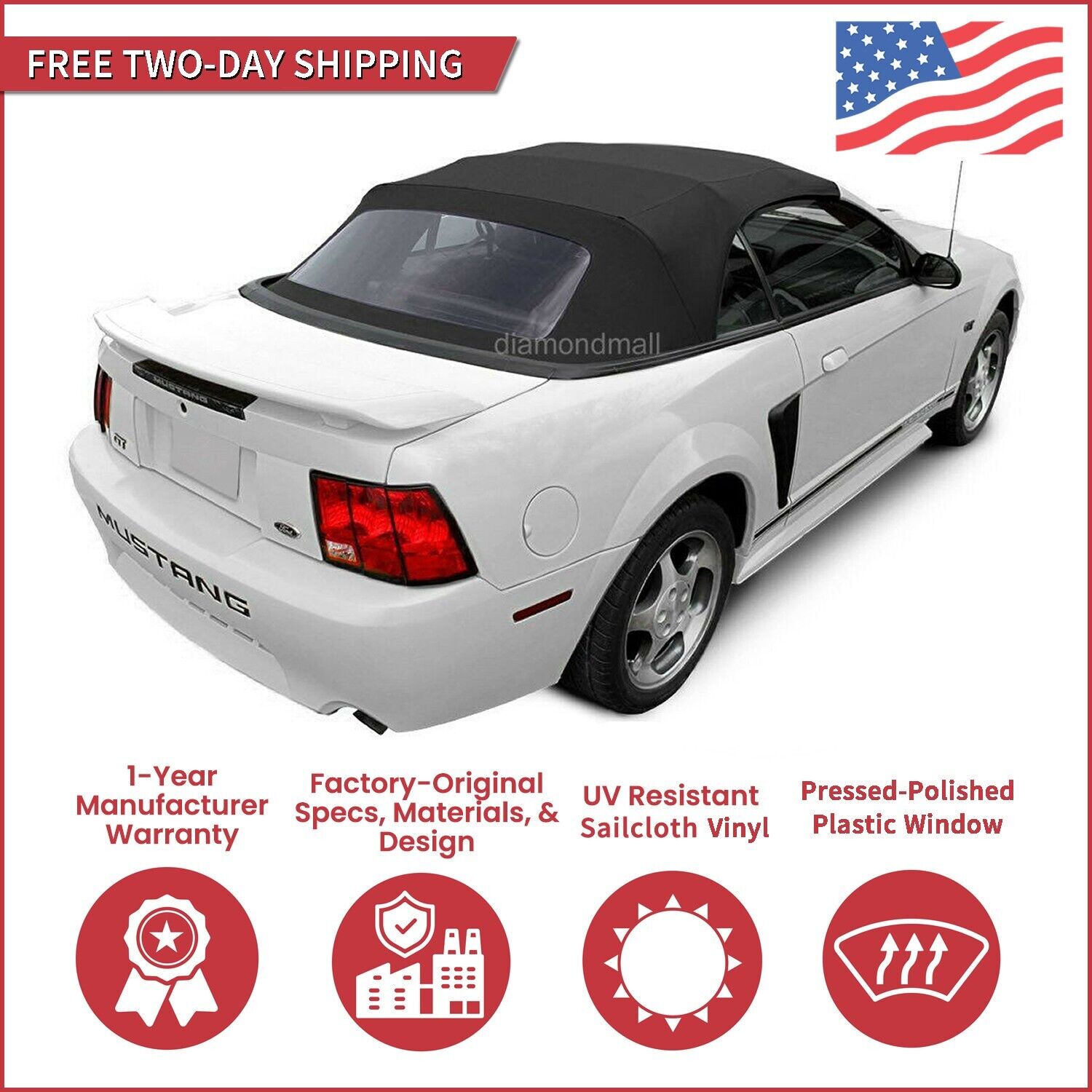 Convertible Soft Top For 1994-2004 Ford Mustang w/DOT Plastic Window Vinyl Black