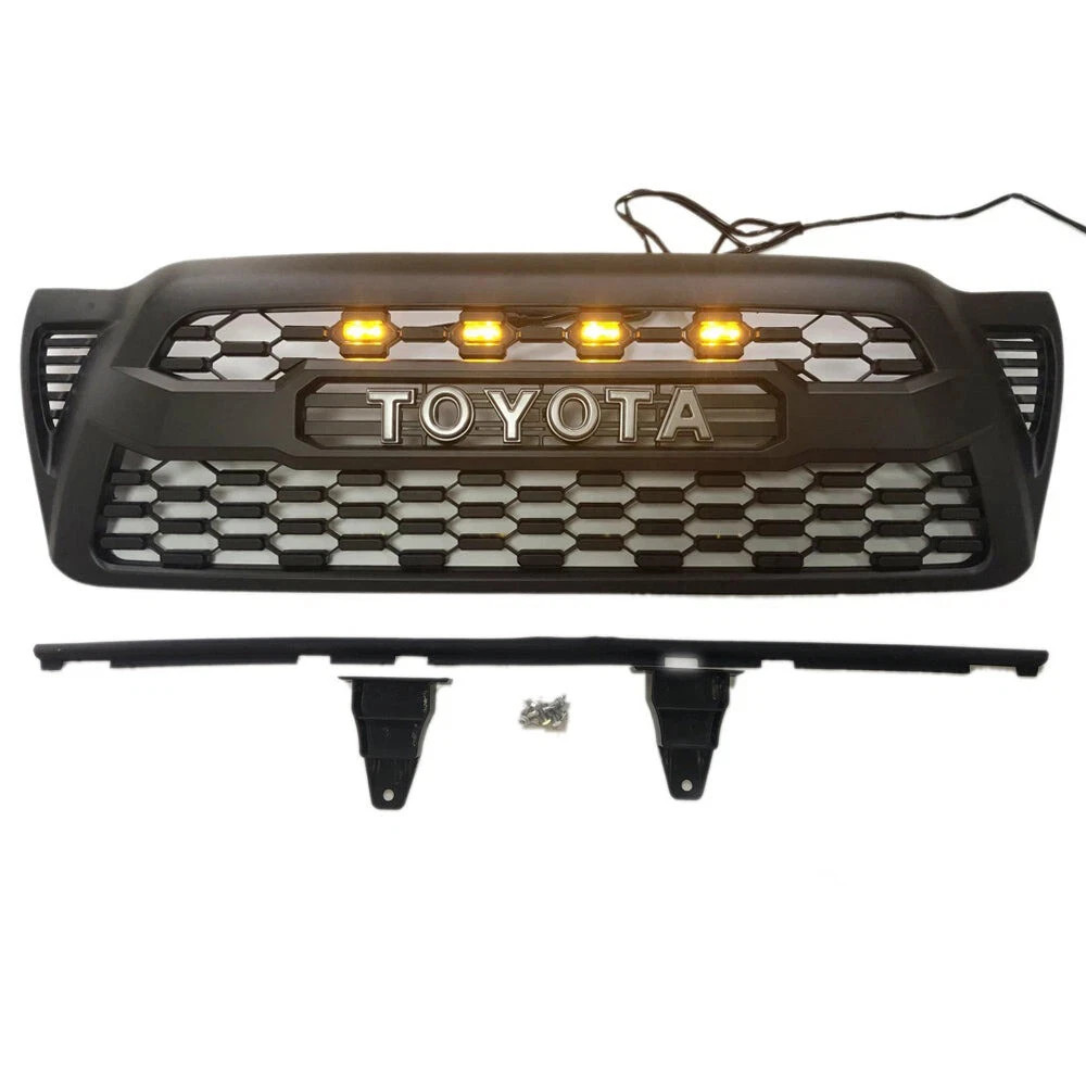 Front Bumper Upper Mesh Grille For 2005-2011 Toyota Tacoma Matte Black W/ LEDs