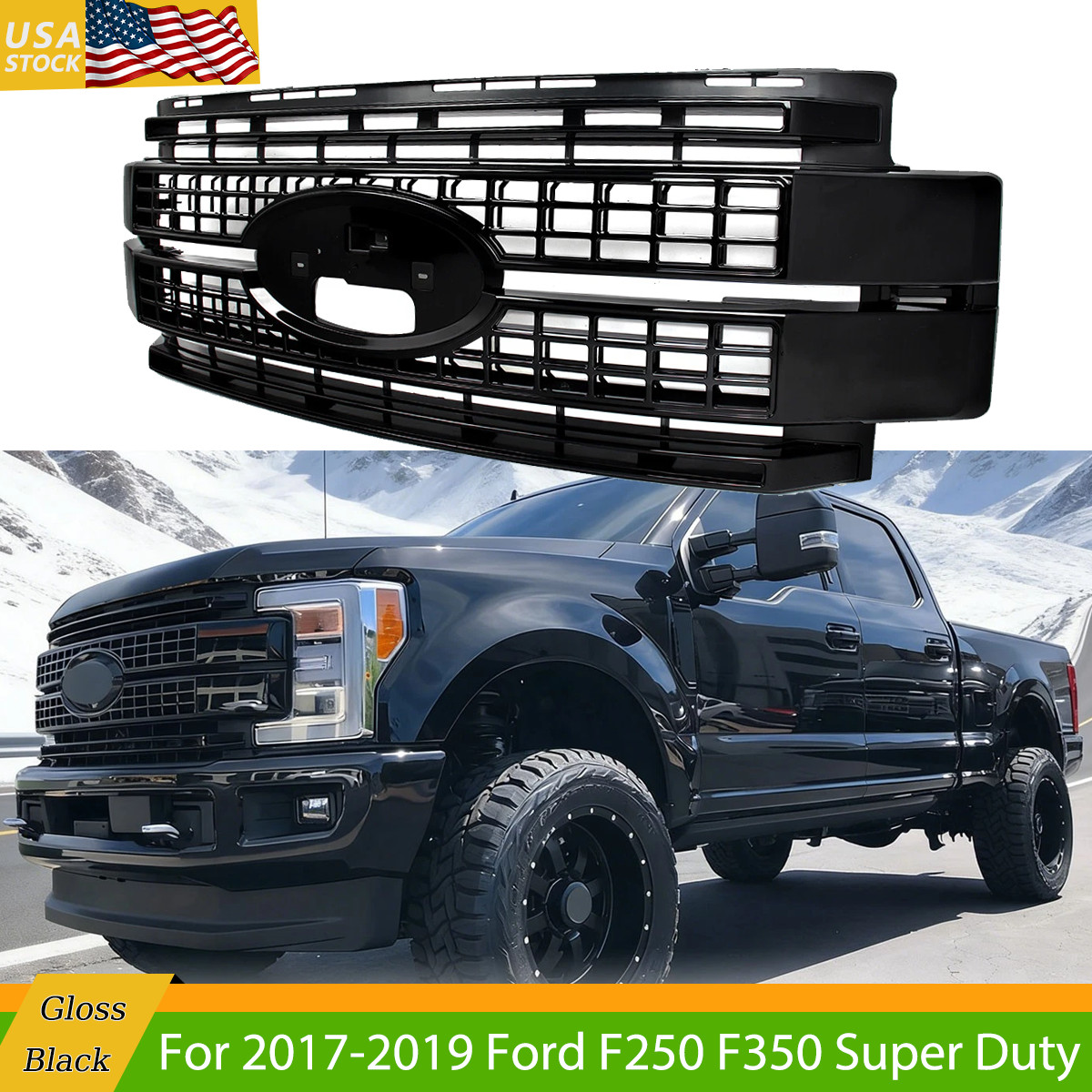 For 2017-2019 Ford F250 F350 Super Duty Platinum Gloss Black Front Upper Grille