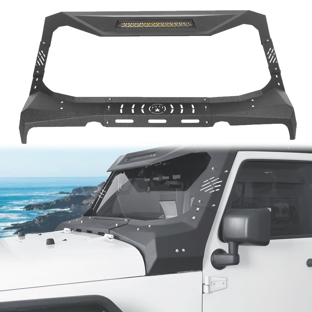 For Jeep Wrangler JK 07-18 Armor Windshield Frame Cover Visor Cowl w/ LED Lights For Jeep Wrangler JK 07-18 Armor Windshield Frame Cover Visor Cowl w/ LED Lights