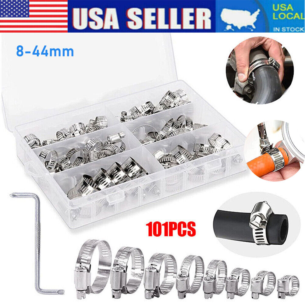 101x Adjustable Hose Pipes Clamps Worm Gear Stainless Steel Clamp Assortment set