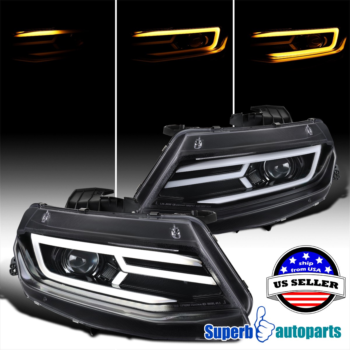 For 2016-2018 Chevy Camaro LED DRL Black Projector Headlights+Sequential Pair For 2016-2018 Chevy Camaro LED DRL Black Projector Headlights+Sequential Pair