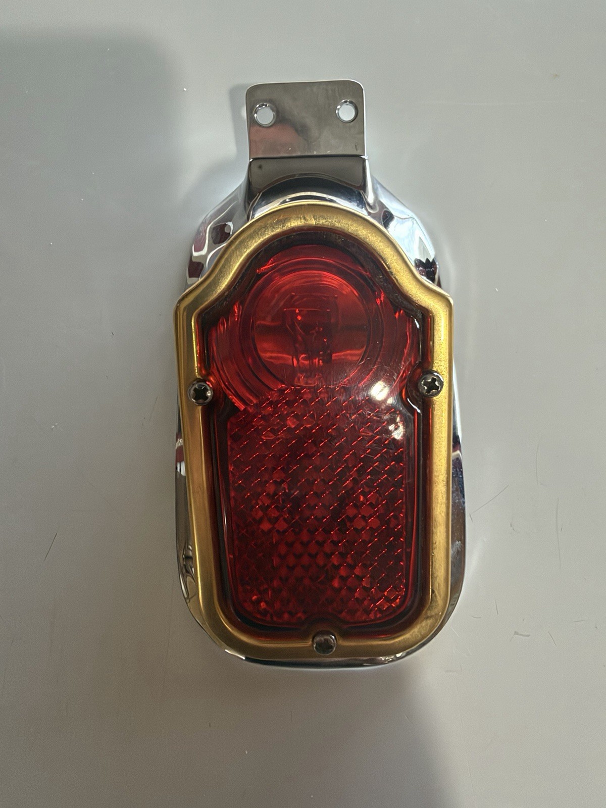 Custom One Of A Kind tombstone Chrome / Gold Trim Tail Light Harley Davidson Custom One Of A Kind tombstone Chrome / Gold Trim Tail Light Harley Davidson