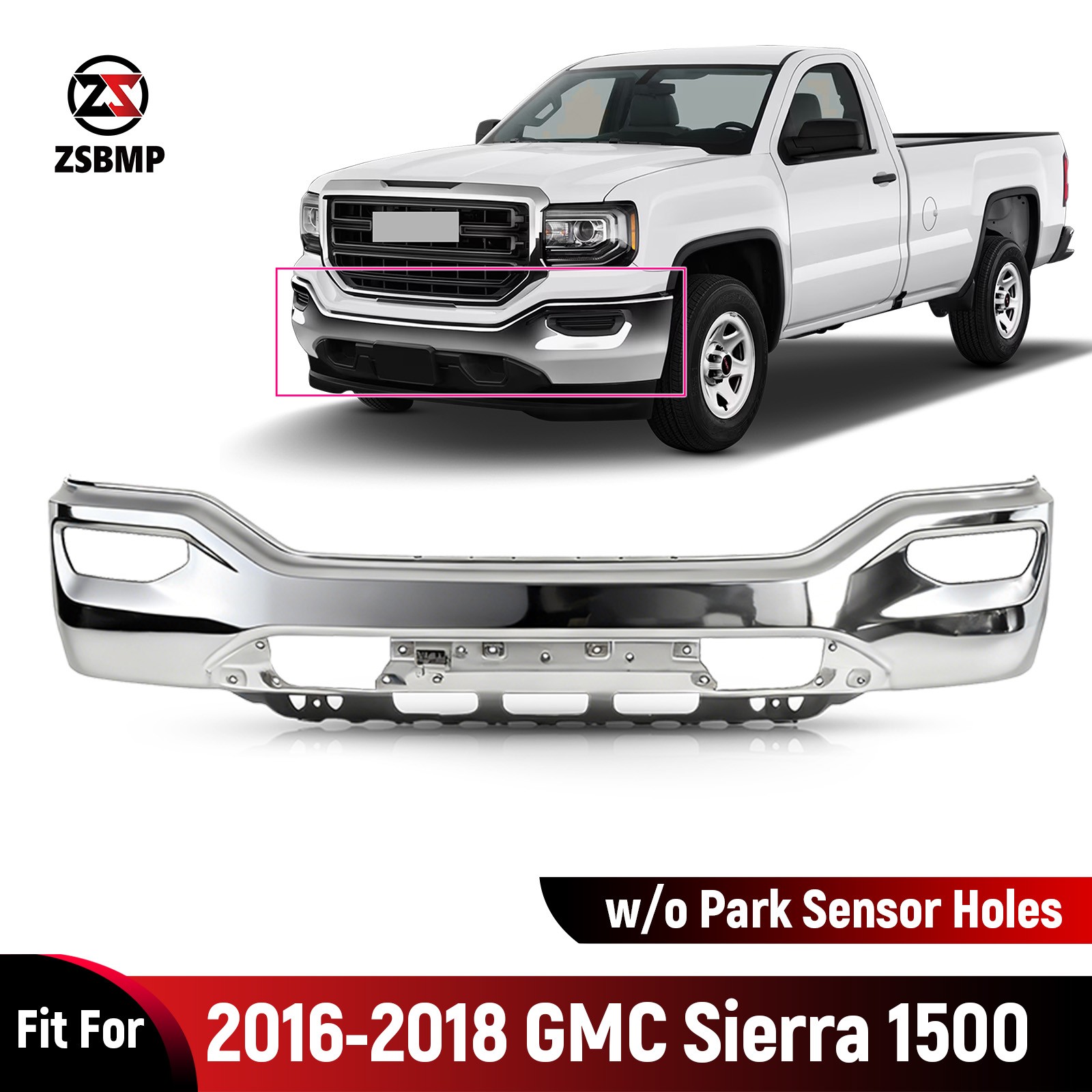 For 2016 2017 2018 GMC Sierra 1500 Front Bumper Face Bar w/o Sensor Hole Chrome