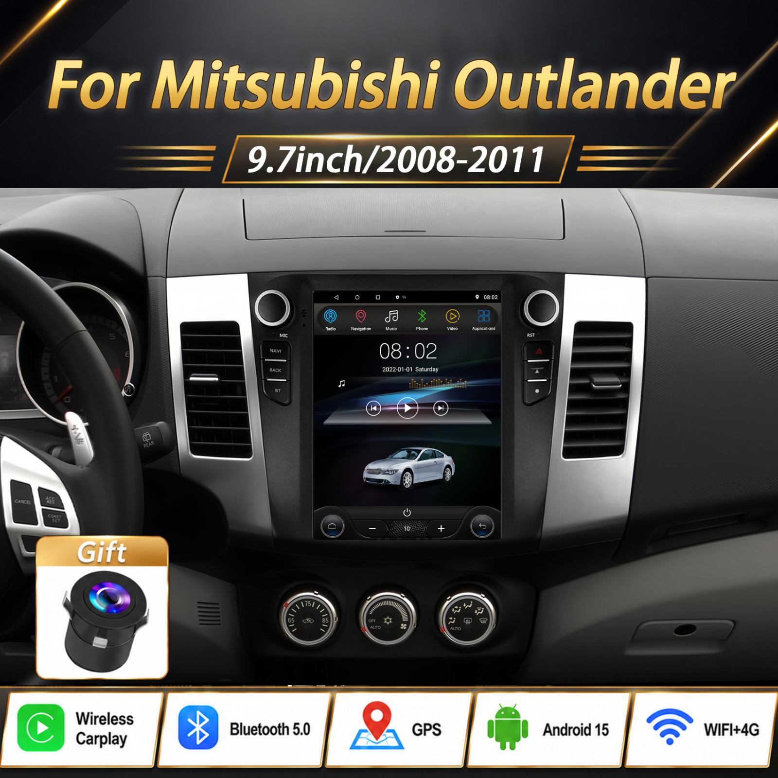 9.7\'\' CarPlay Android 13 Car Stereo Radio GPS 64G For Mitsubishi Outlander 08-11