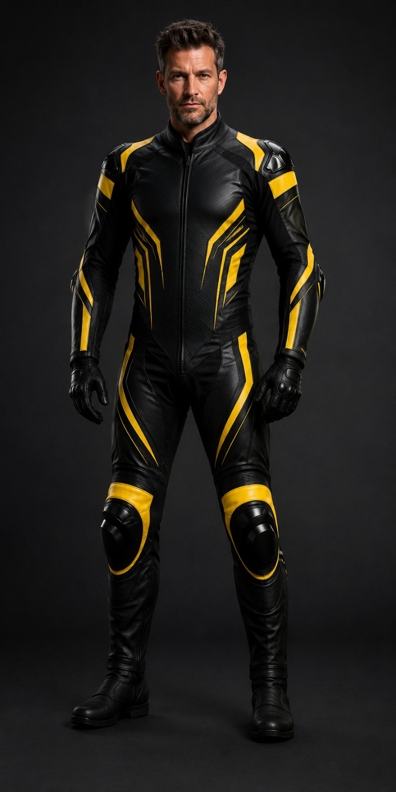Men's Motorbike Leather Racing Suit Black Yellow 1PC Motorcycle Race Suit CE