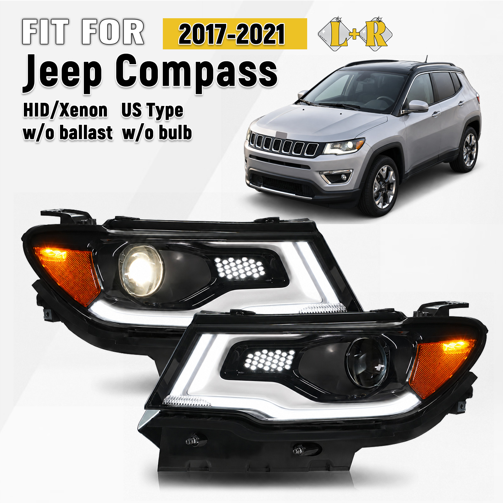 For 2017-2021 Jeep Compass HID/Xenon w/ LED DRL Headlight Left+Right Pair For 2017-2021 Jeep Compass HID/Xenon w/ LED DRL Headlight Left+Right Pair