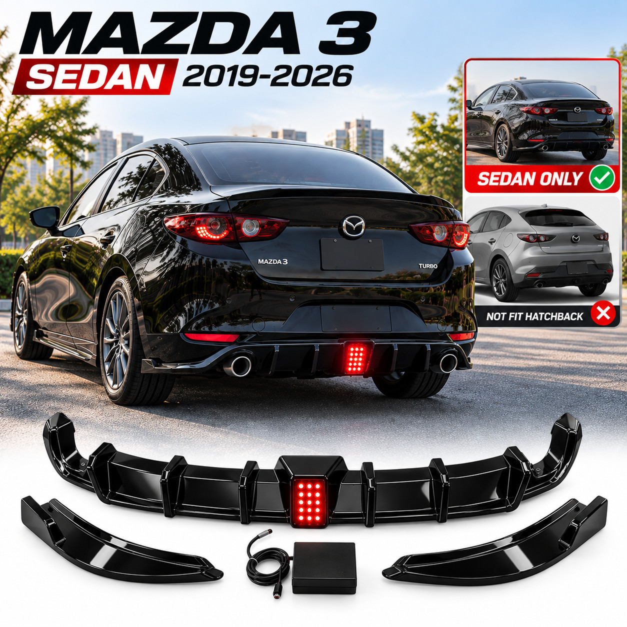 For Mazda 3 Sedan 2019-2026 Rear Bumper Diffuser Lip Splitter w/ LED Light