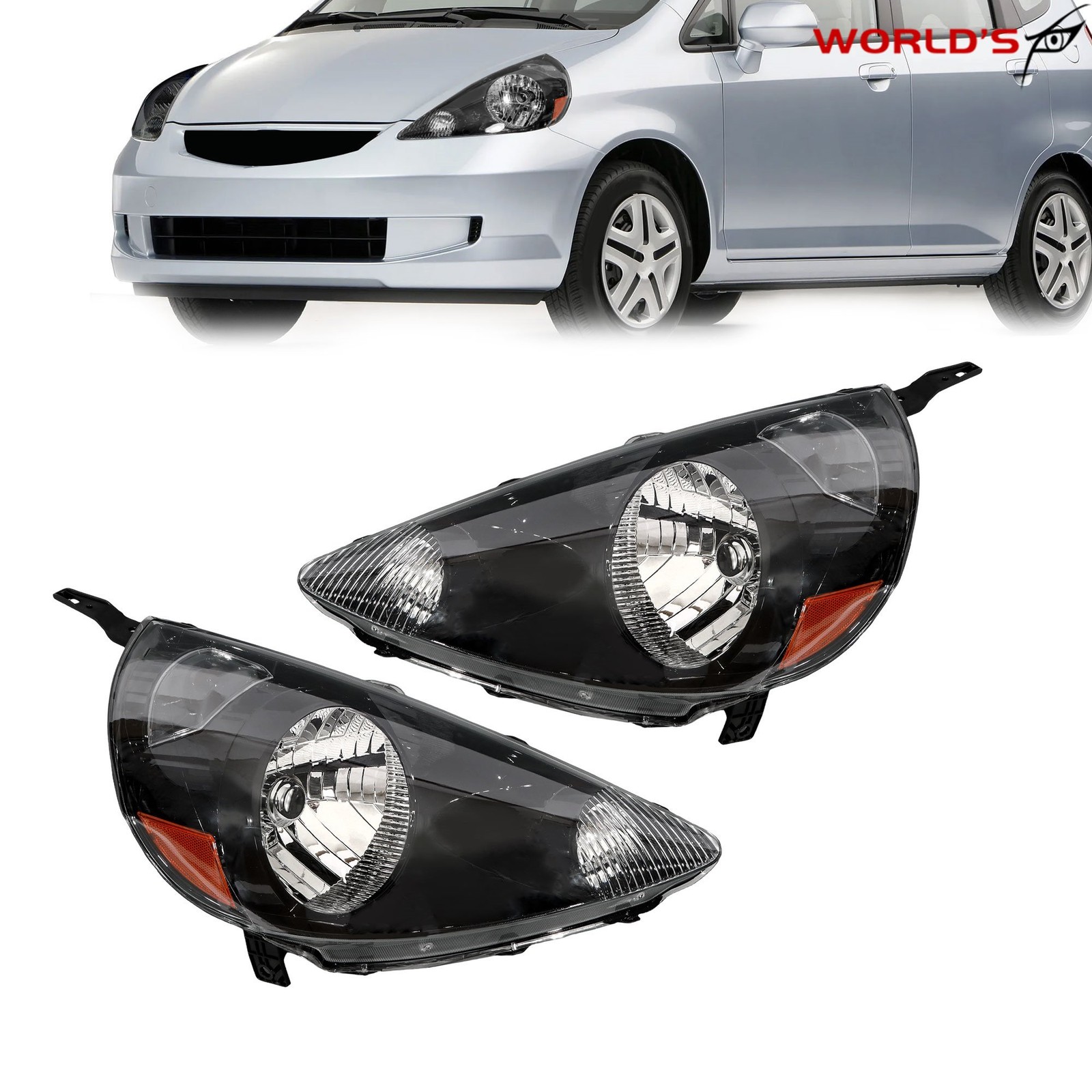Halogen Headlights Headlamp For Honda Fit 2007-2008 Black Set Driver&Passenger