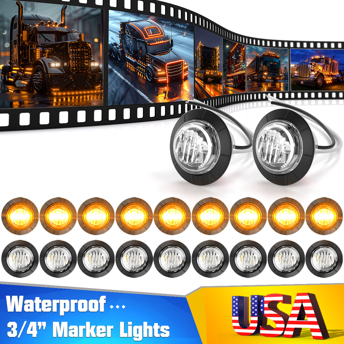 20x Amber Clear LED Marker Lights Truck Trailer Round 3/4
