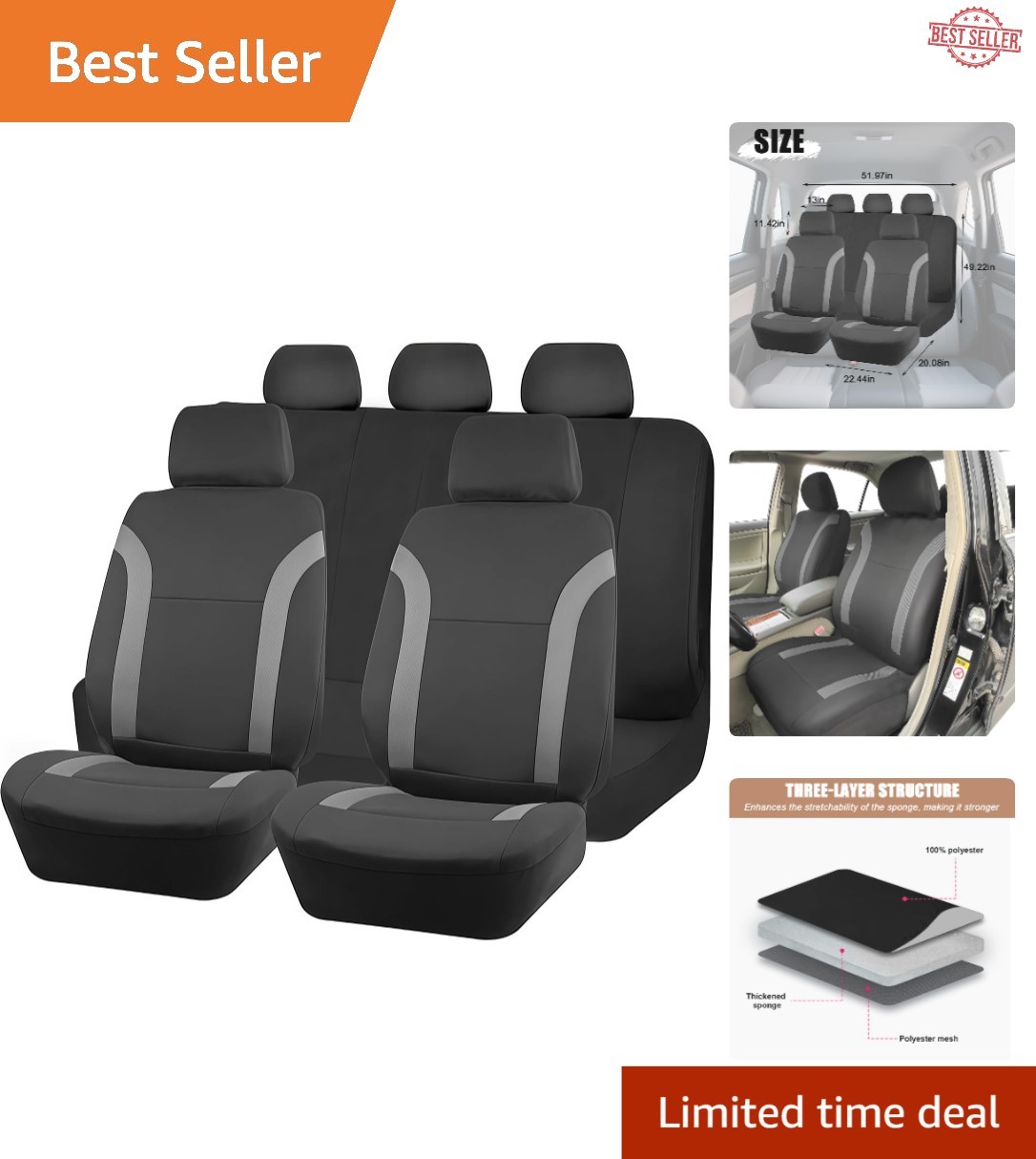Universal 9-Piece Car Seat Covers - Waterproof and Breathable Protection - Gray
