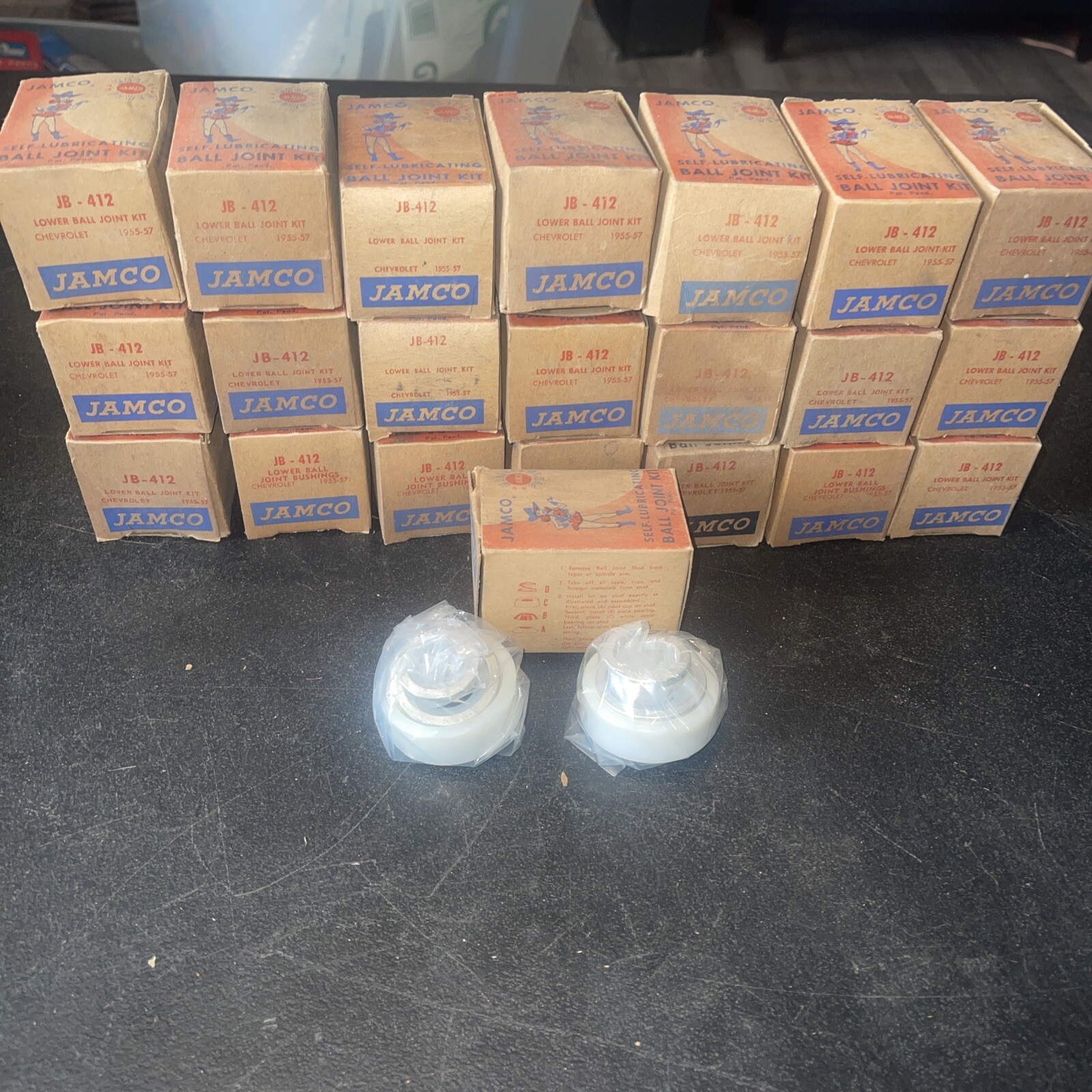 Lot Of 22 NOS 1955-56-57 CHEVROLET LOWER BALL JOINT BUSHINGS KIT JAMCO JB-412 Lot Of 22 NOS 1955-56-57 CHEVROLET LOWER BALL JOINT BUSHINGS KIT JAMCO JB-412