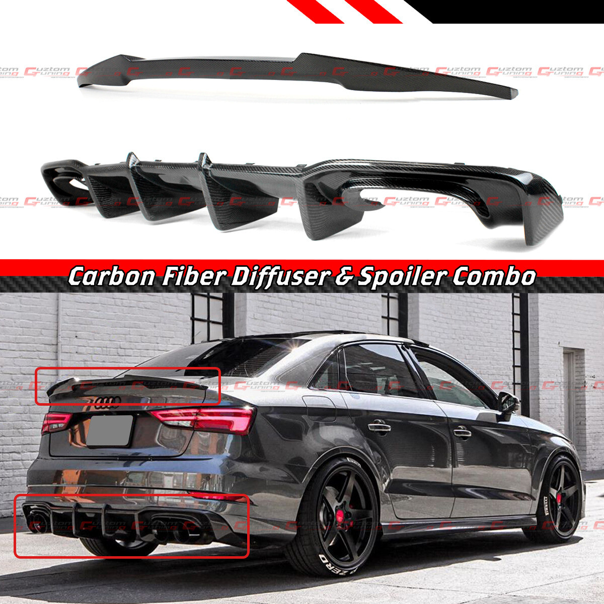 FOR 2017-20 AUDI S3 A3 SLINE CARBON FIBER REAR DIFFUSER + M4 STYLE TRUNK SPOILER FOR 2017-20 AUDI S3 A3 SLINE CARBON FIBER REAR DIFFUSER + M4 STYLE TRUNK SPOILER