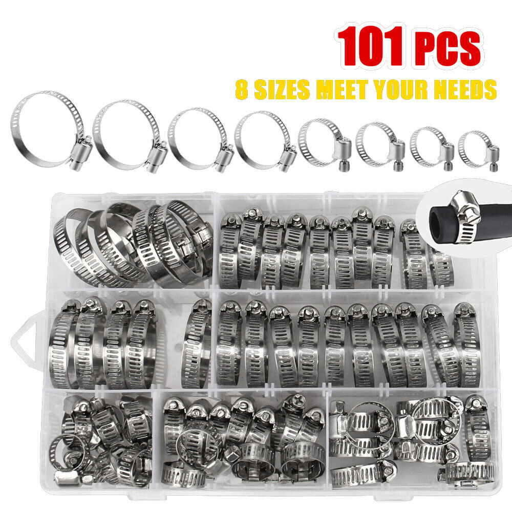 101x Adjustable Stainless Steel Hose Clamps Worm Gear Clamp Assortment 8 Sizes