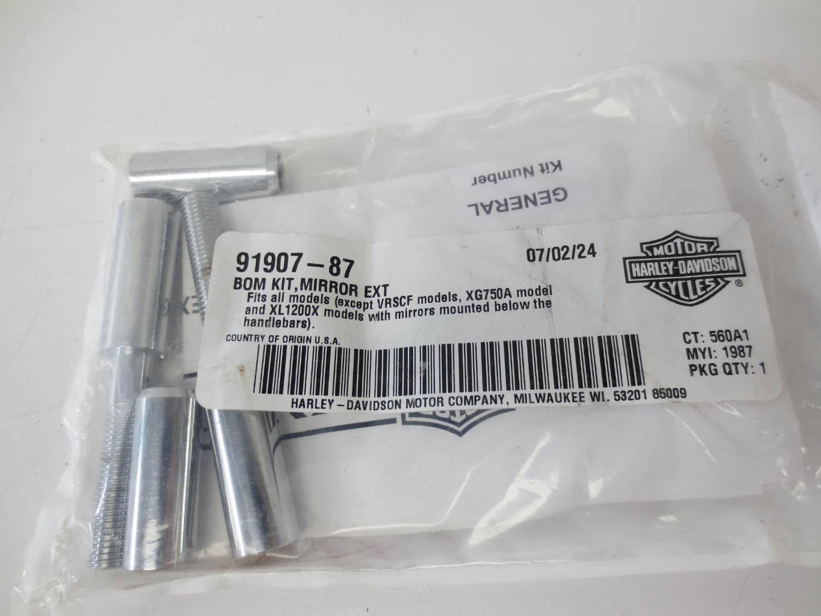 NEW Genuine Harley Davidson OEM Mirror Ext Bom Kit (1) 91907-87 NEW Genuine Harley Davidson OEM Mirror Ext Bom Kit (1) 91907-87