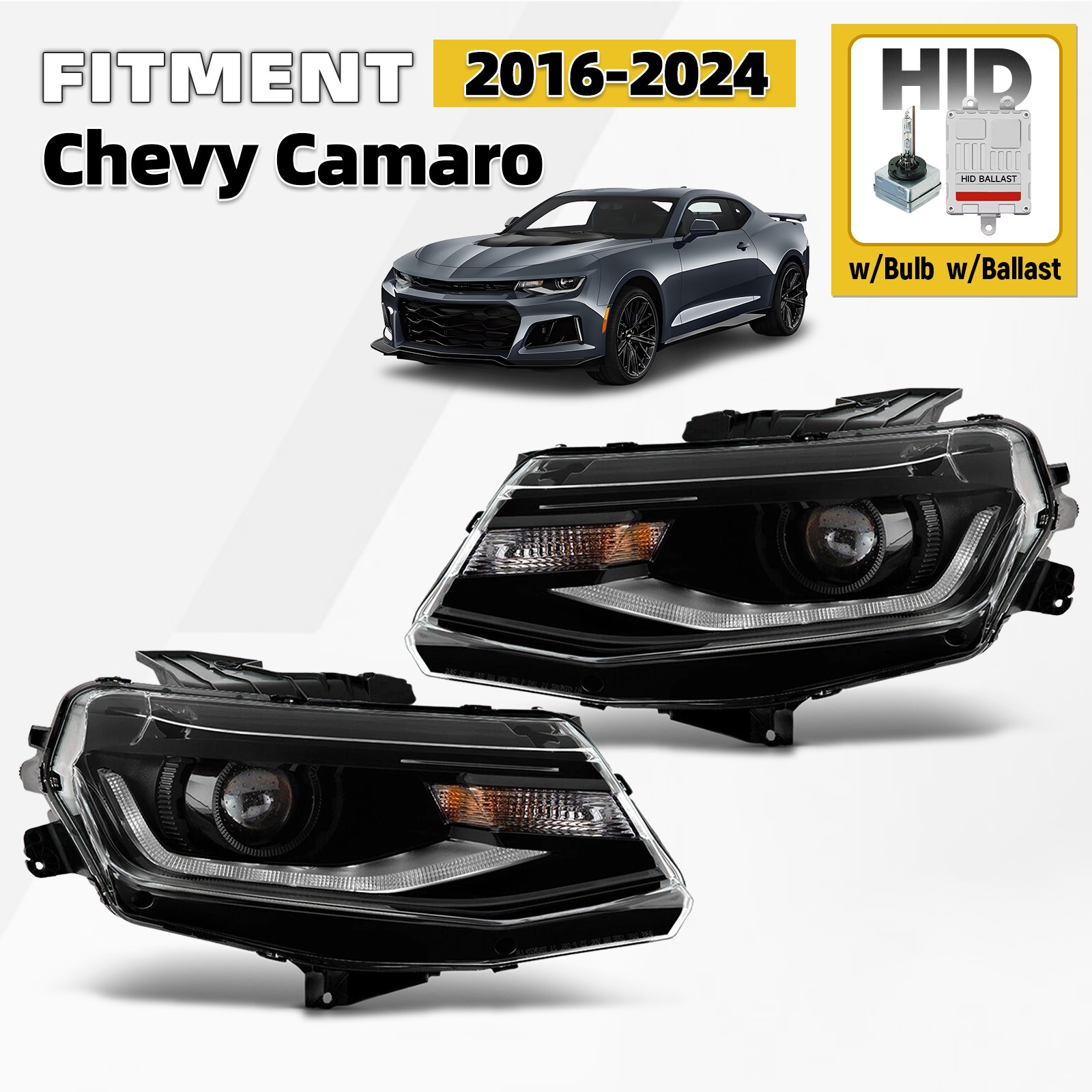 HID Headlight For 2016-2024 Chevy Camaro w/Bulb w/Ballast Left+Right Pair HID Headlight For 2016-2024 Chevy Camaro w/Bulb w/Ballast Left+Right Pair