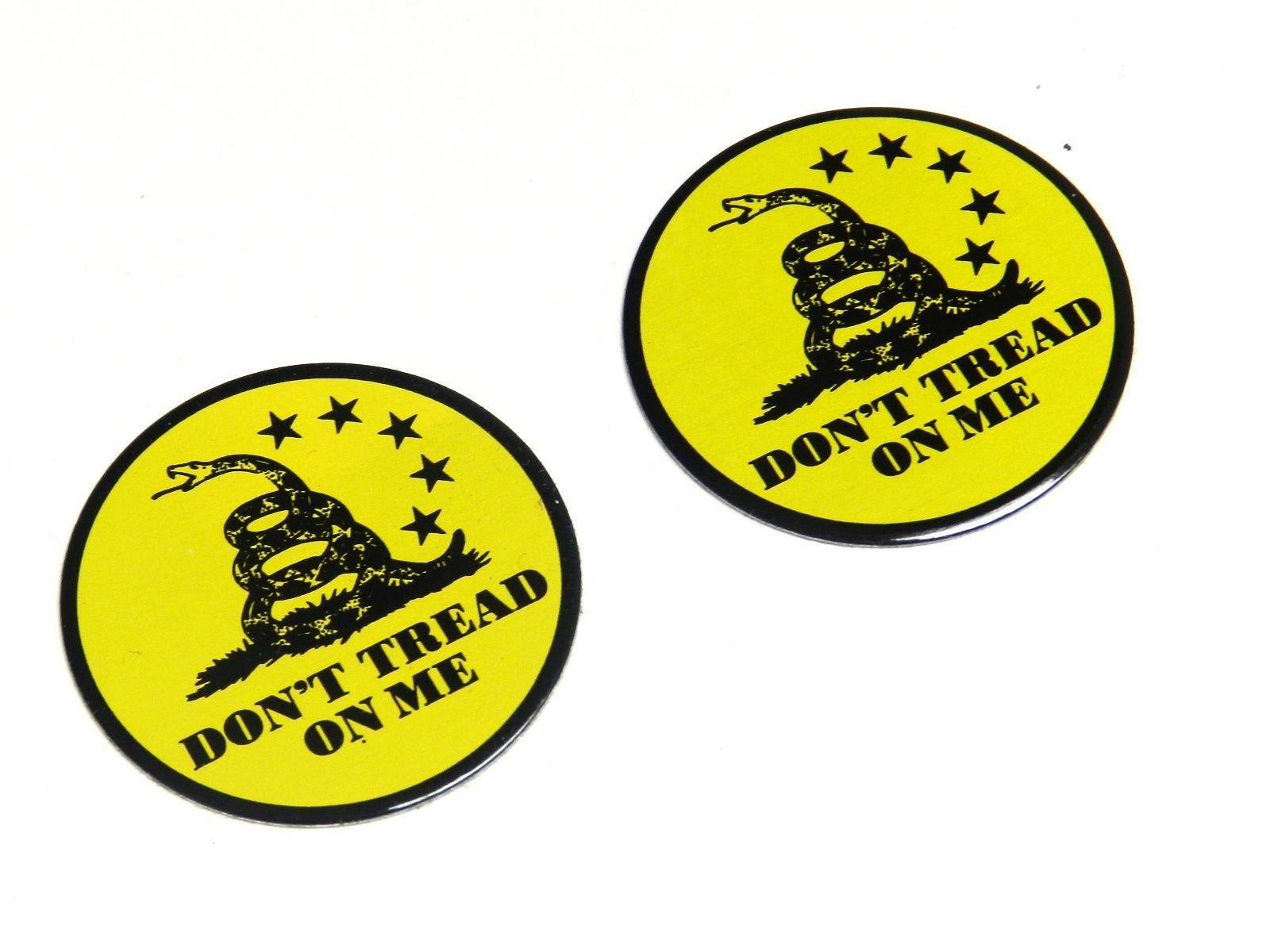 2 ROUND DONT TREAD ON ME SNAKE GADSDEN ALUMINUM EMBLEMS BADGES RARE PAIR 2 ROUND DONT TREAD ON ME SNAKE GADSDEN ALUMINUM EMBLEMS BADGES RARE PAIR