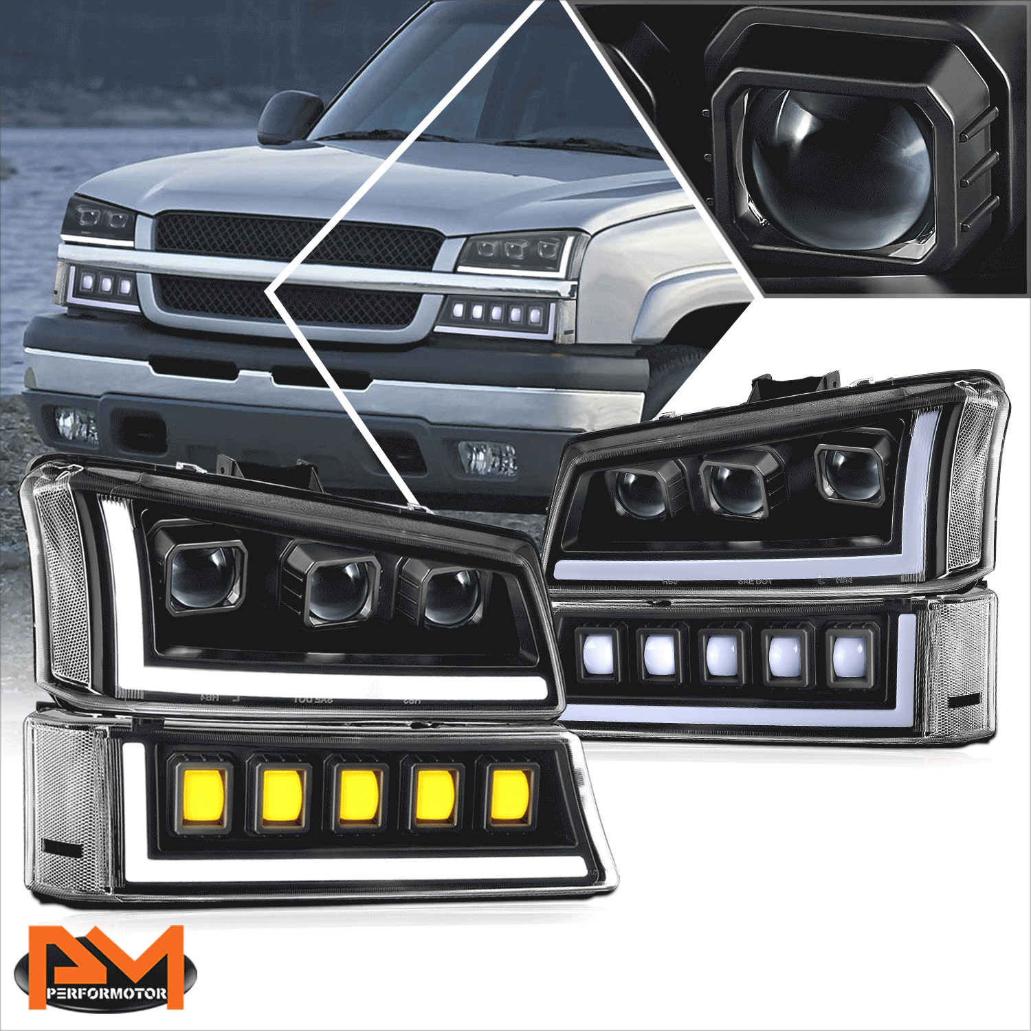 For 03-07 SIlverado LED DRL Sequential Turn Signal Projector Parking Headlights For 03-07 SIlverado LED DRL Sequential Turn Signal Projector Parking Headlights