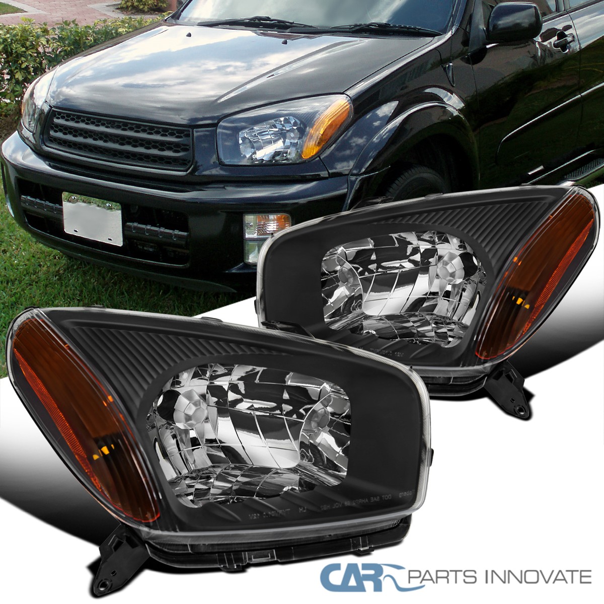 Fits 2001-2003 Toyota RAV4 Black Headlights Left+Right Assembly Head Lamps 01-03