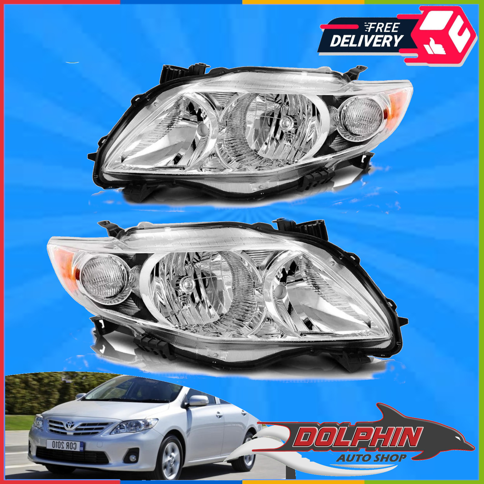 For 09 10 Toyota Corolla Chrome  Clear Headlights Lamps Replacement Pair Set