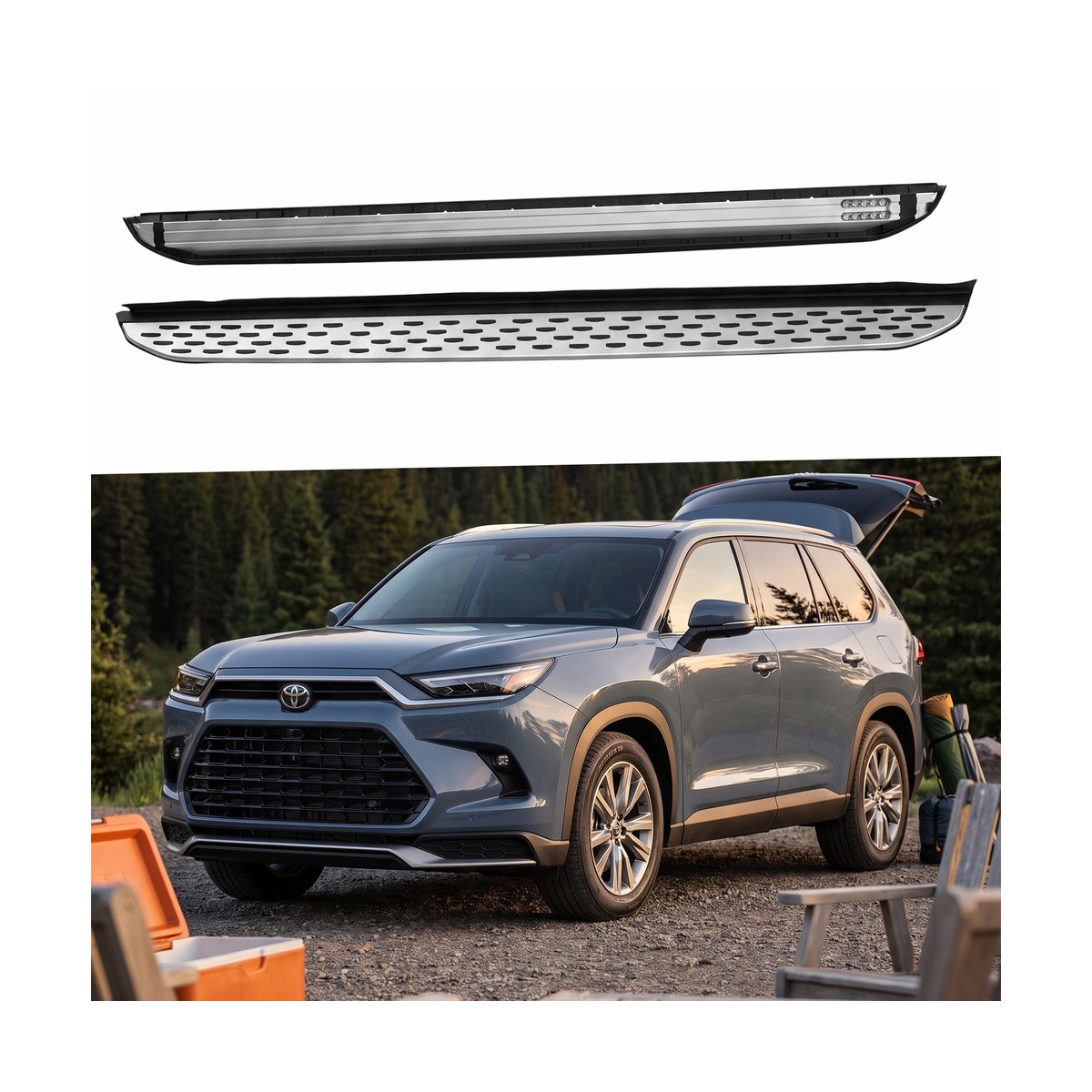 2X Silver Side Steps Nerf Bars Running Board For Grand Highlander 2024-2026