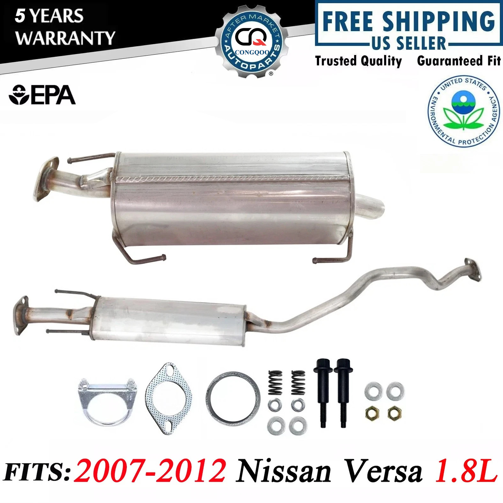 Fits: 2007-2012 Nissan Versa 1.8L Hatchback Sedan Resonator Pipe & Rear Muffler