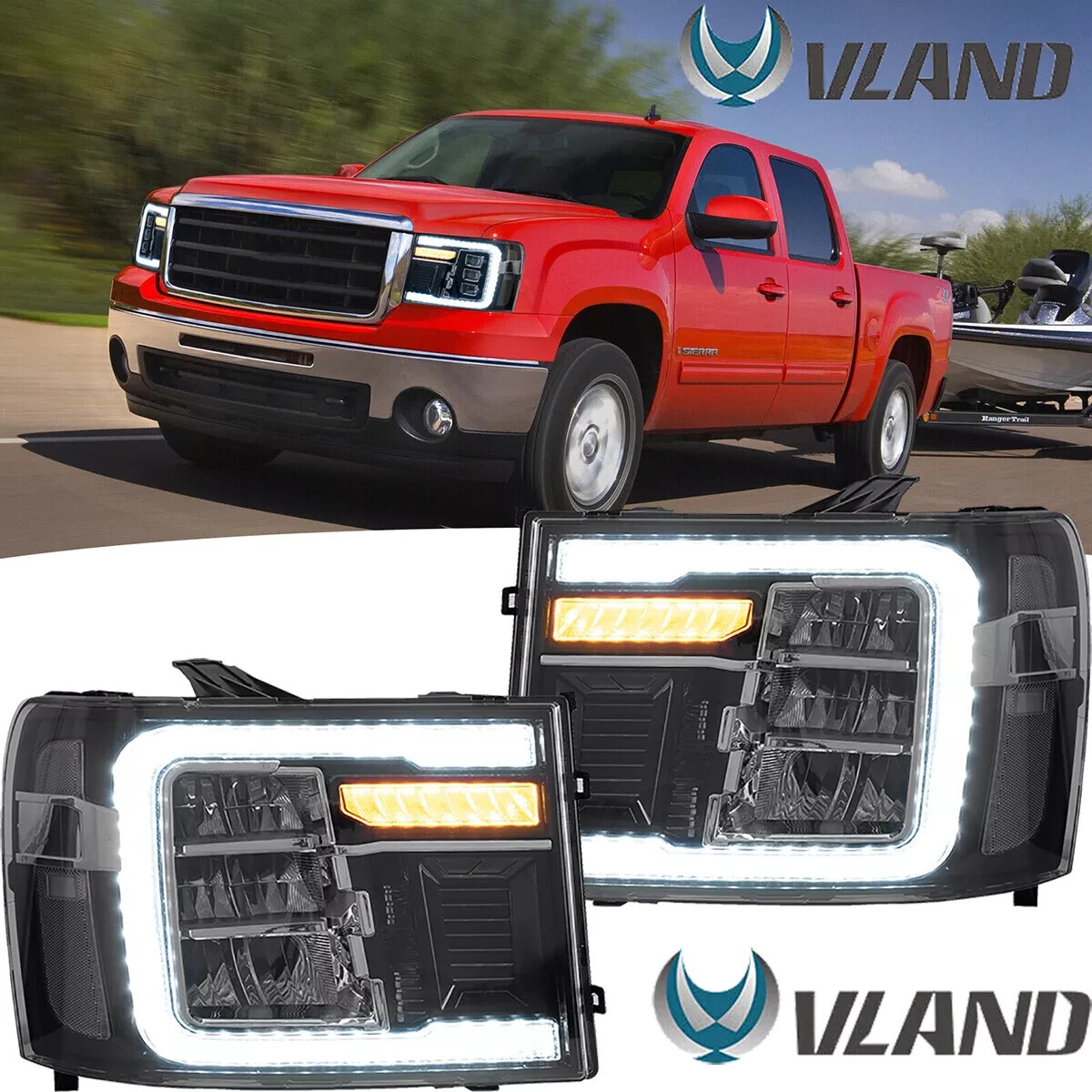 For 2007-2014 GMC Sierra Blk Full LED Sequential Tube Tri Projector Headlights For 2007-2014 GMC Sierra Blk Full LED Sequential Tube Tri Projector Headlights