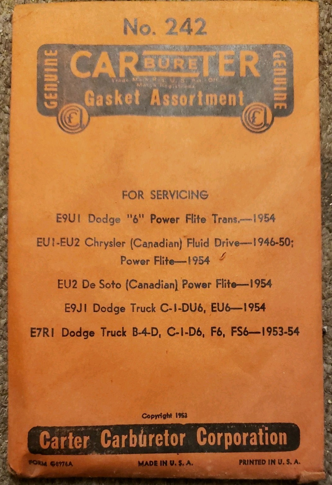 NOS Vintage OEM Carter Carburetor Gasket Kit No. 242 vehicle list in description