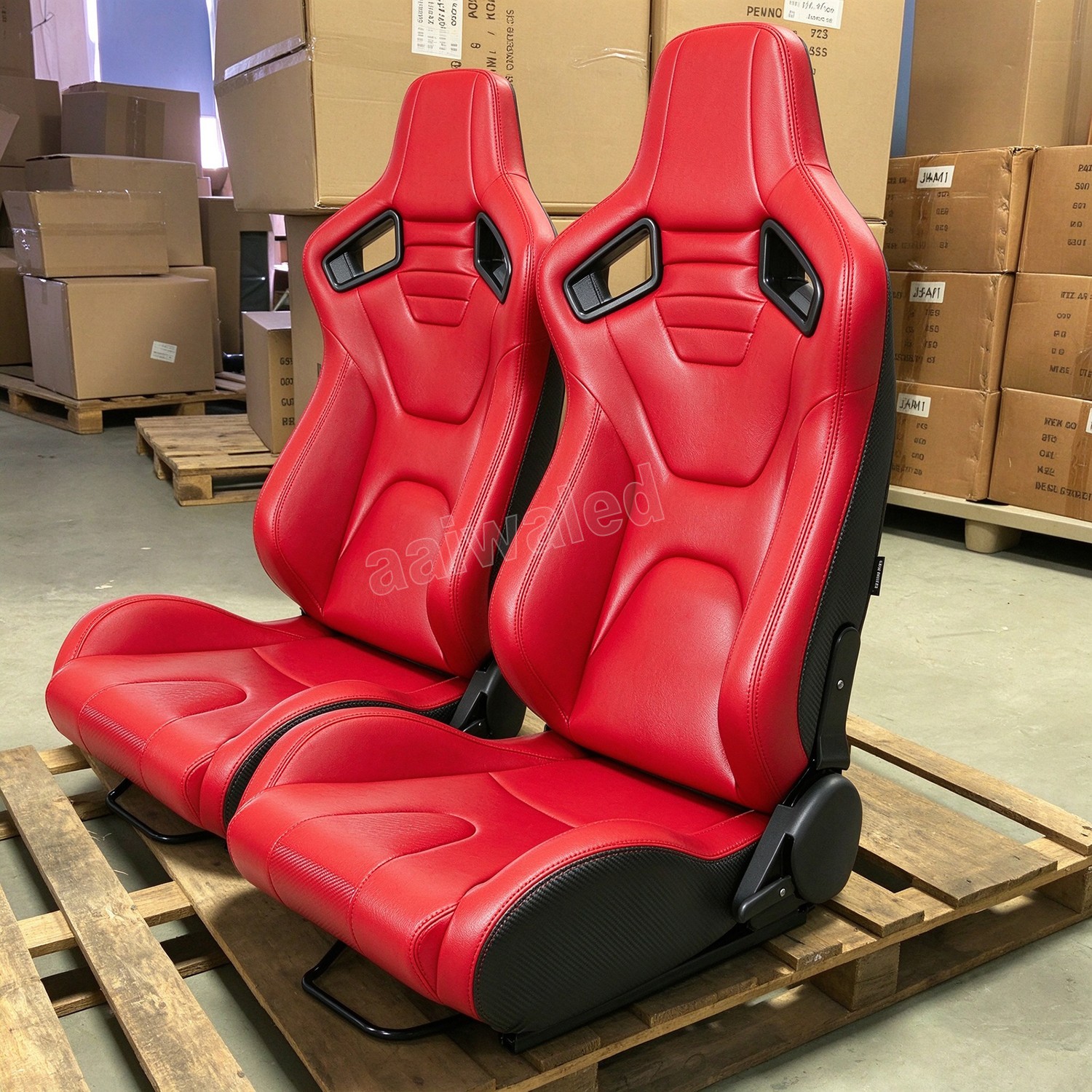 2x Universal Car Racing Seats PVC Leather Sport Seats w/2 Sliders,Red Left Right