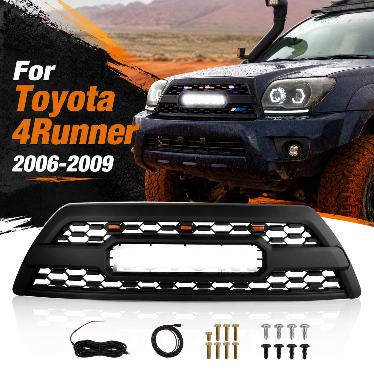 Front Grille For Toyota 4Runner 2006-2009 Mesh Grill Black LED Light