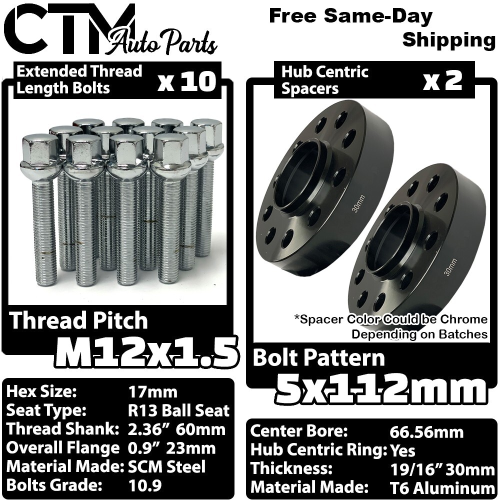 2x 30mm Thick 5x112 66.56mm CB Wheel Spacer 12x1.5 Chrome Bolt Fit Mercedes Rims